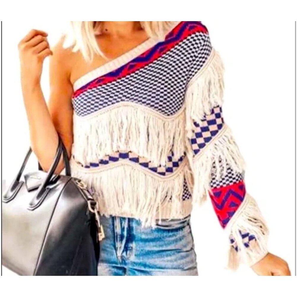 Fringed Knit One-Shoulder Sweater XL By She & Sho